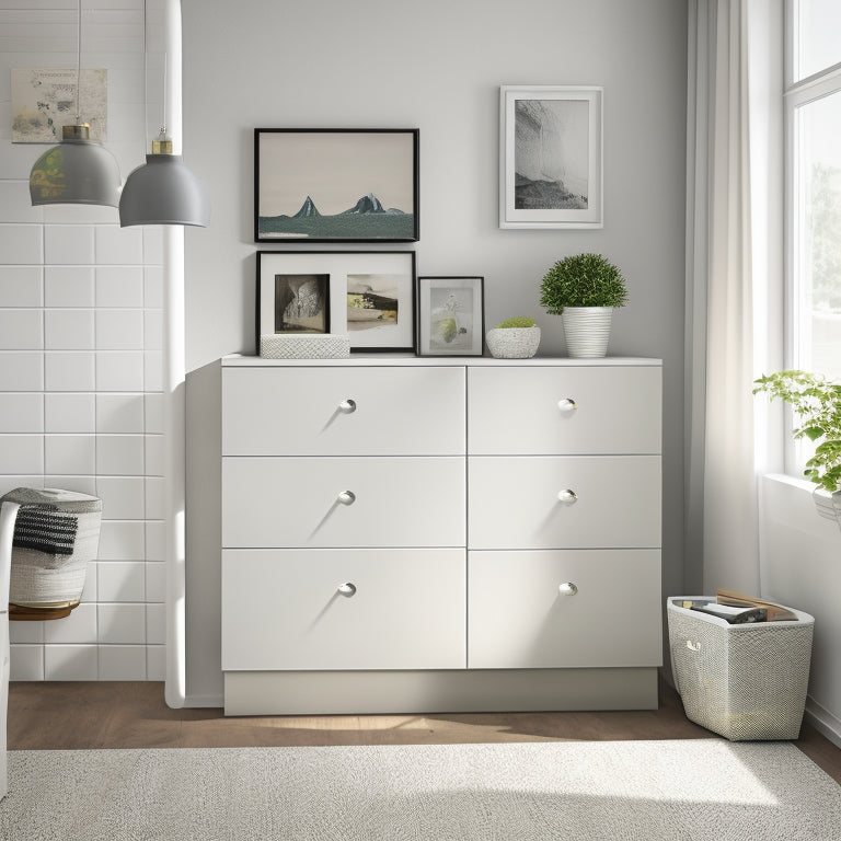 A tidy, modern room with a sleek, white 3-drawer storage unit against a light-gray wall, surrounded by clutter-free floor space and a few, strategically placed decorative items.