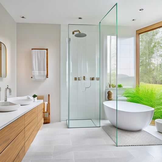 A serene, modern bathroom with a sleek, white freestanding tub nestled between a wall-mounted sink and a floor-to-ceiling glass shower enclosure, surrounded by minimalist decor and soft, warm lighting.
