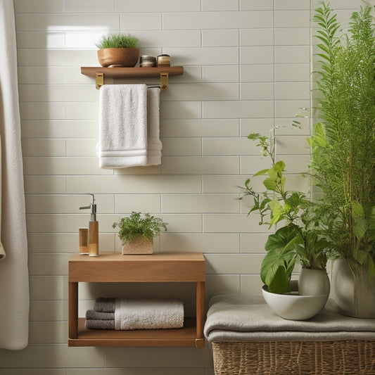 A serene bathroom scene featuring a sleek, floating wooden shelf adorned with lush greenery, a few rolled towels, and a decorative vase, set against a soft, creamy white tile backdrop.