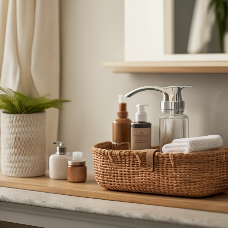 A tidy bathroom countertop with a wooden tray holding a soap dispenser, toothbrush holder, and small decorative vase, alongside a woven basket storing toiletries and a wall-mounted tiered shelf.