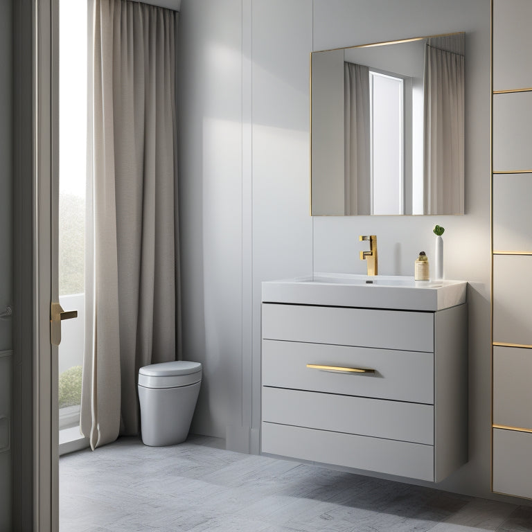 A sleek, modern bathroom with a compact, wall-mounted cabinet featuring soft-close drawers and a mirrored door, set against a calming gray background with a subtle marble pattern.