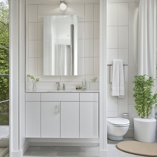 A modern bathroom with a sleek, white medicine cabinet featuring a large, rounded mirror, soft-close doors, and polished chrome hardware, surrounded by crisp white tiles and a minimalist countertop.