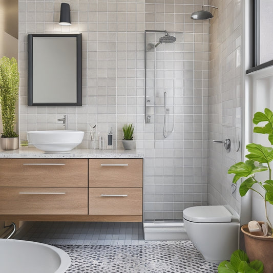 A modern, sleek bathroom with a smartphone on the counter, surrounded by renovation tools and design inspiration, with a subtle grid of tiles and fixtures in the background.