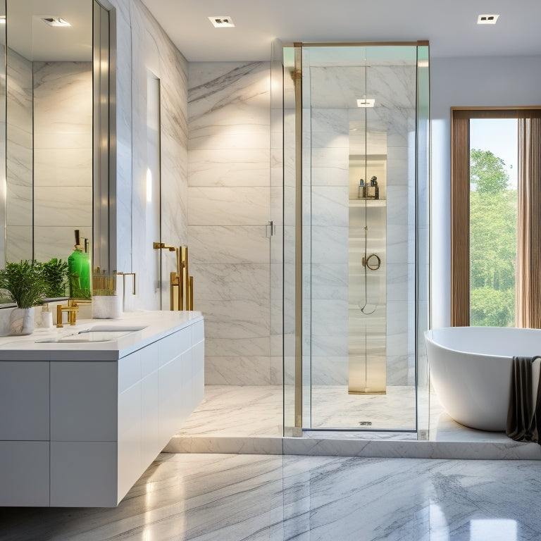 Generate an image of a sleek, modern bathroom with a large, freestanding tub, surrounded by gleaming marble floors and walls, under soft, warm lighting, with a floor-to-ceiling glass shower enclosure.