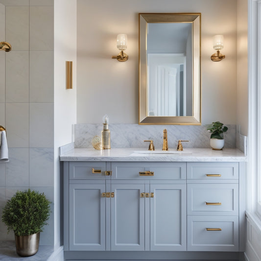 A sleek, modern bathroom with a wall-mounted sink and two soft-close drawers underneath, featuring ornate metal handles and a subtle LED light strip beneath the countertop, against a calming gray and white marble background.