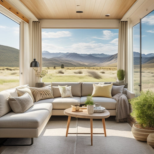 A sleek, modern RV interior with plush cream-colored sofas, rustic wooden accents, and vibrant greenery, set against a backdrop of rolling hills and a sunny sky visible through large windows.