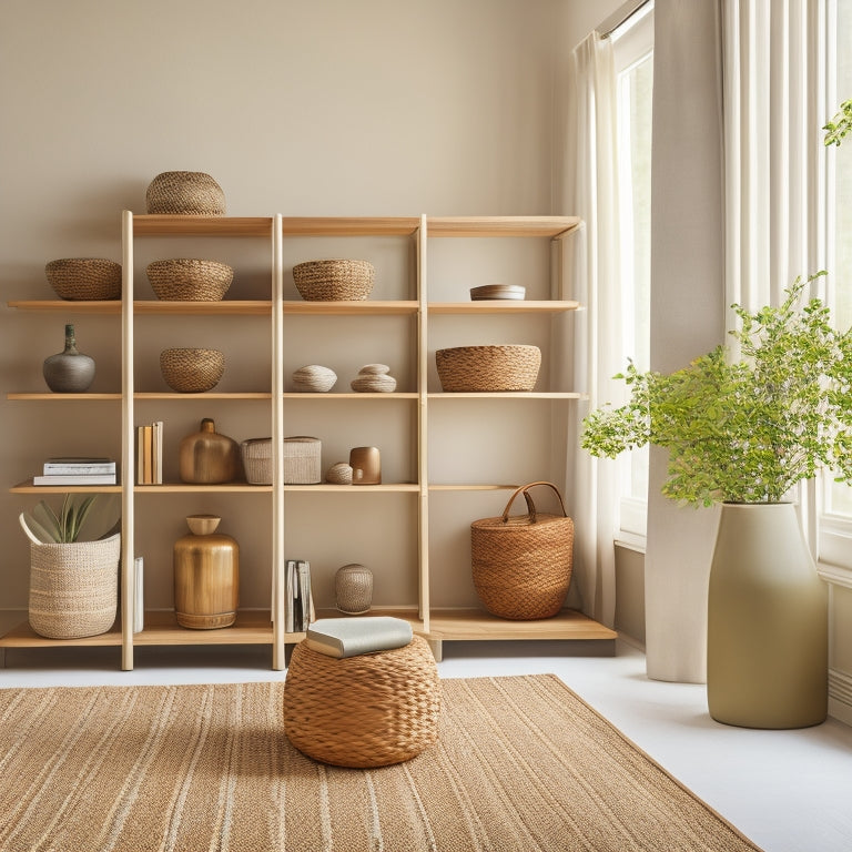 A serene, minimalist room with creamy walls, polished wood floors, and a floor-to-ceiling shelving unit featuring woven baskets, decorative vases, and a few, carefully placed, leather-bound books.