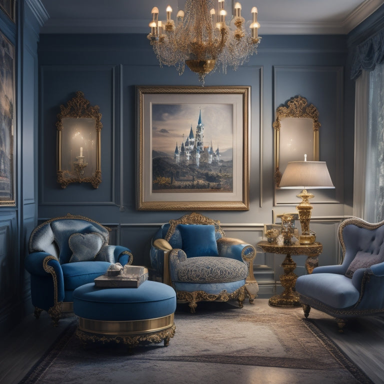 A serene, moonlit living room with a Cinderella-inspired chandelier, a plush Mickey Mouse-shaped ottoman, and vintage Disney movie posters framed in ornate gold borders.