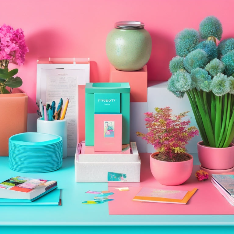 A tidy, pastel-hued desk with a partially opened journal, colorful pens, and a few scattered decluttering-themed stickers, surrounded by a few neatly stacked, labeled boxes and a small potted plant.