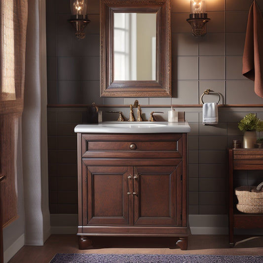 A serene bathroom scene featuring a stylish wooden sink cabinet with a soft-close drawer, ornate hardware, and a vessel sink atop a sleek, dark-stained wooden countertop, surrounded by soft, warm lighting.