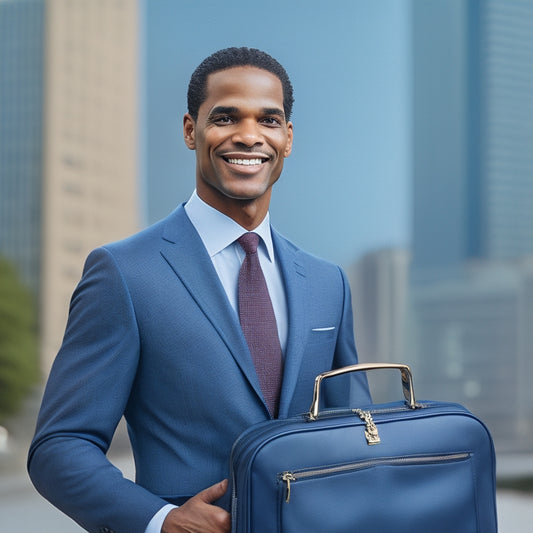 A professional, smiling David James Lister standing in front of a neutral-colored background, wearing a navy blue suit and holding a briefcase, with a subtle cityscape behind him.