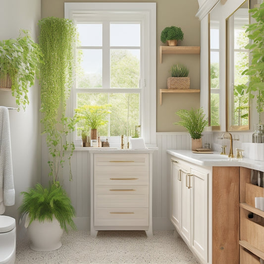 A stylish bathroom featuring an elegant over-the-toilet storage unit with sleek cabinet doors, adorned with decorative plants and neatly organized toiletries, set against a soft, neutral-toned wall and a bright, airy window.