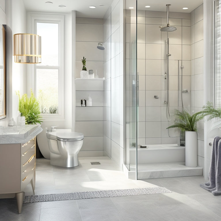 A serene, modern bathroom with a rotating storage tower featuring glass shelves, chrome accents, and a soft-close mechanism, surrounded by marble countertops and a freestanding tub.