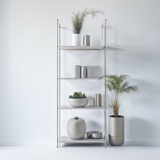 A minimalist, modern, and sleek five-tier shelf against a light gray background, showcasing organized storage of various household items, with each tier slightly smaller than the last, and a few decorative plants on top.