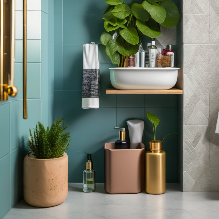 A sleek, modern bathroom scene featuring a minimalist shower caddy with geometric lines, vibrant colors, and organized compartments, showcasing bottles, sponges, and plants, all set against a backdrop of elegant tiles and soft lighting.