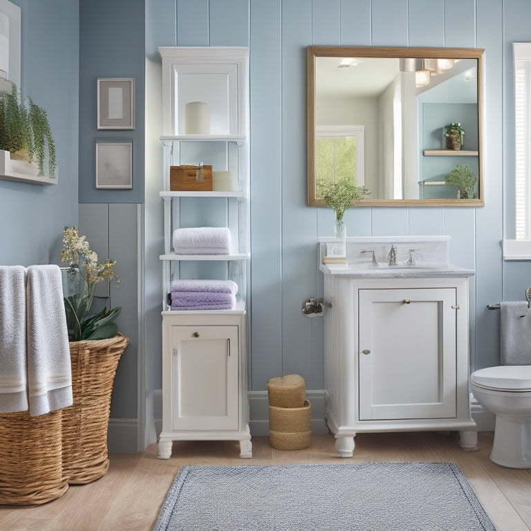 A serene, well-lit bathroom with a wall-mounted cabinet, a recessed medicine cabinet, a pedestal sink with a slide-out drawer, and a woven basket storing rolled towels under a floating shelf.