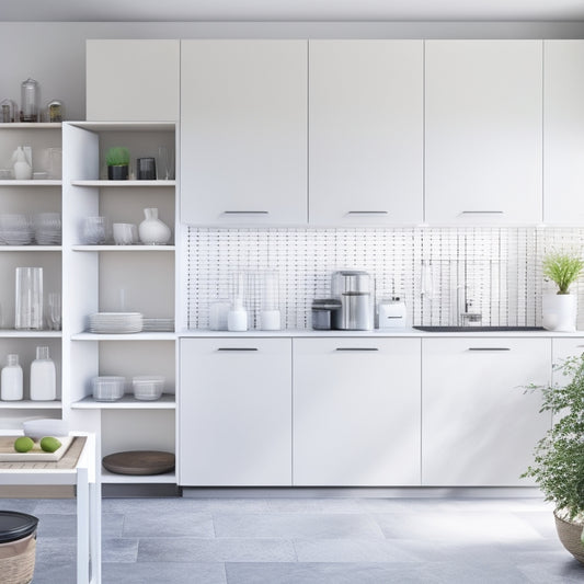 A minimalist, modern kitchen with sleek, white cabinets, featuring retractable shelves, stackable baskets, and adjustable dividers, showcasing optimal storage solutions for a compact space.