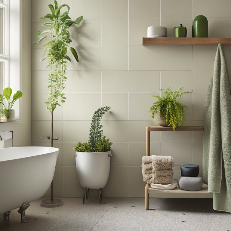 A serene bathroom scene featuring a minimalist floating shelf above a freestanding tub, adorned with lush greenery, alongside a sleek wall-mounted shelf with rolled towels and a few decorative vases.