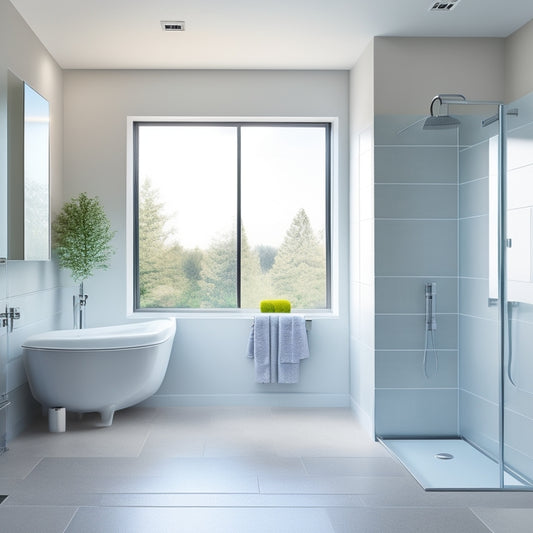 A serene, minimalist bathroom with soft grey walls, featuring a large walk-in shower with BLUEPRINT Matt Finish walls and floor, surrounded by sleek, chrome fixtures and a freestanding tub.