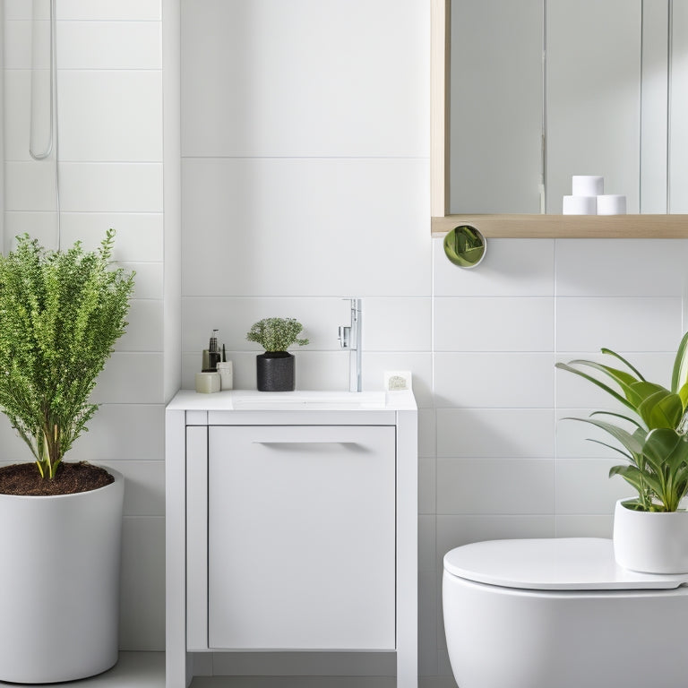 A minimalist bathroom with a sleek, white sink and mirror, featuring two corner shelves with rounded edges, holding rolled towels, decorative bottles, and a small potted plant, against a soft gray background.