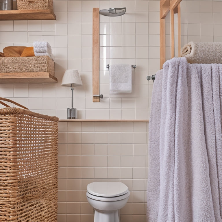 A minimalist bathroom with a repurposed wooden crate turned into a storage shelf, a mason jar holding toilet brushes, and a woven basket hanging from the shower curtain rod.