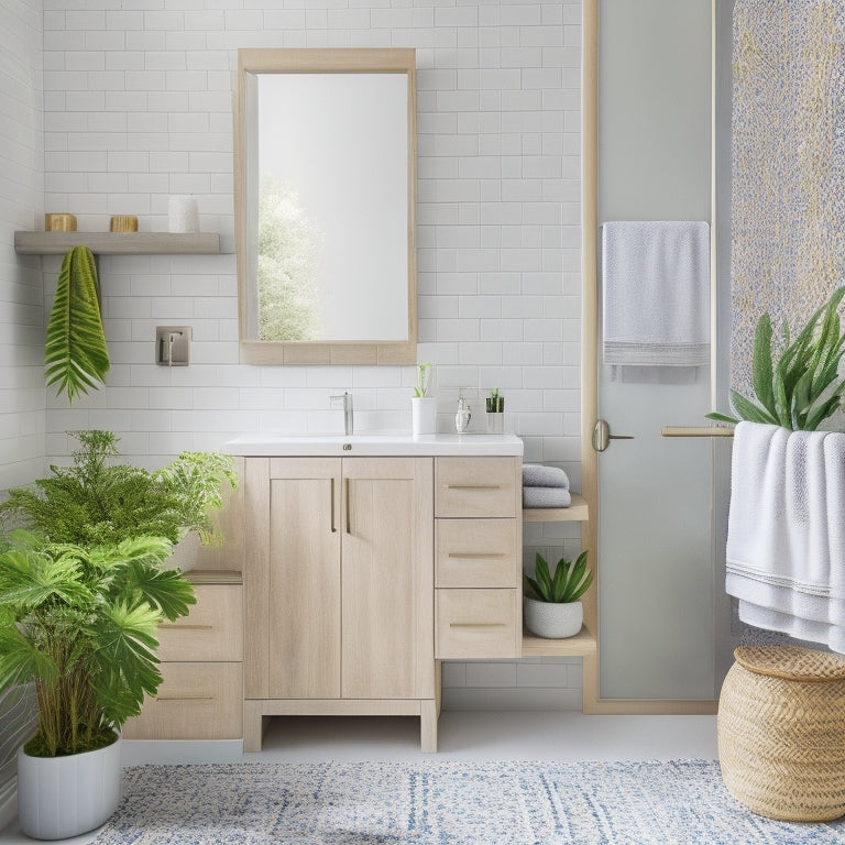 A serene, minimalist bathroom with a floating vanity, a wall-mounted cabinet with frosted glass doors, and a woven basket storing rolled towels, surrounded by a few potted plants and a geometric-patterned area rug.