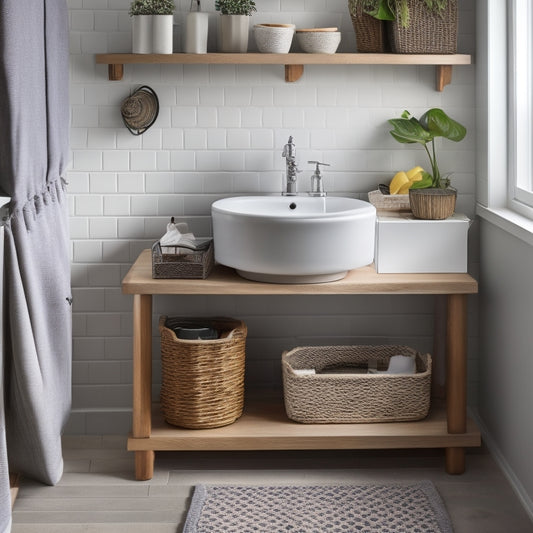 A tidy, L-shaped corner sink area with a pedestal sink, surrounded by creative storage solutions: woven baskets, a turntable, and a wall-mounted shelf with small, organized compartments.