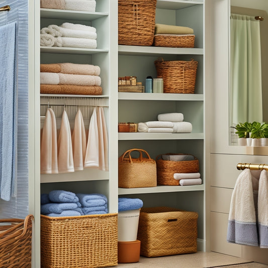 A tidy bathroom closet with a double-tiered shelves, woven baskets, and a hanging organizer system, showcasing a neatly arranged assortment of towels, toiletries, and beauty products.