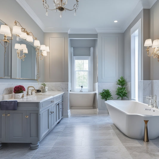 A modern bathroom with a large walk-in shower, freestanding tub, and double sink vanity, surrounded by sleek grey walls, white marble floors, and a stunning chandelier, with a laptop open on the counter.