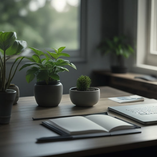 A serene, minimalist desk with a closed workbook, a single pen, and a few neatly organized papers, surrounded by a subtle, blurred background of a tidy room with a few potted plants.