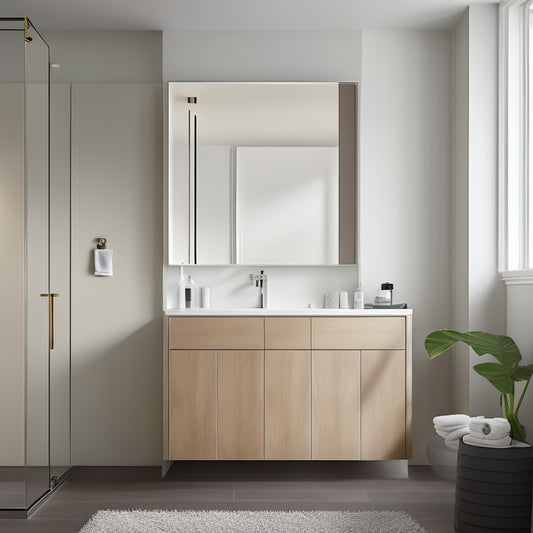 A sleek, minimalist bathroom with a wall-mounted cabinet featuring soft-close drawers, a floating vanity with built-in storage, and a recessed medicine cabinet with mirrored doors.