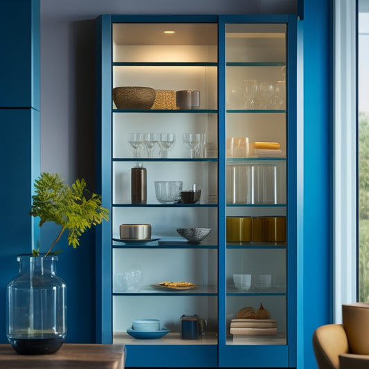 A sleek, modern glass door cabinet with minimalist design, showcasing neatly arranged colorful dishes and decor, illuminated by soft, warm lighting in a cozy kitchen setting with a spacious, airy feel.