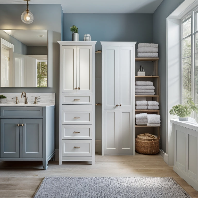 A serene, modern bathroom with a wall-mounted cabinet featuring a mirrored door, a recessed medicine cabinet, and a freestanding tub surrounded by woven baskets and a woven storage ottoman.