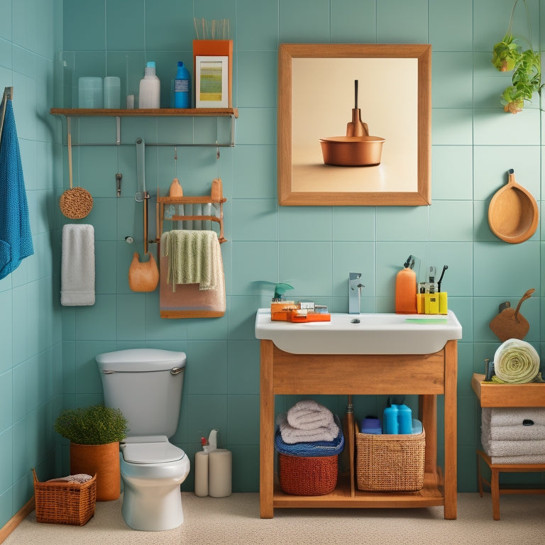 A bathroom with a blank wall, a few scattered toiletries, and a DIY worktable in the corner with a half-finished hanging organizer, surrounded by crafting tools and materials.