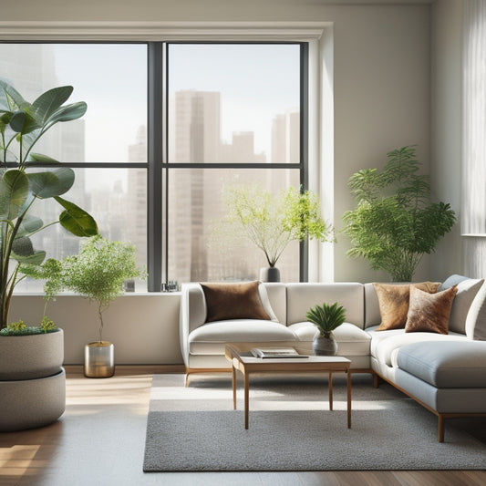 A serene, minimalist living room with a sleek, low-profile sofa, a few carefully placed potted plants, and a large window allowing natural light to flood the space, with a subtle cityscape in the background.