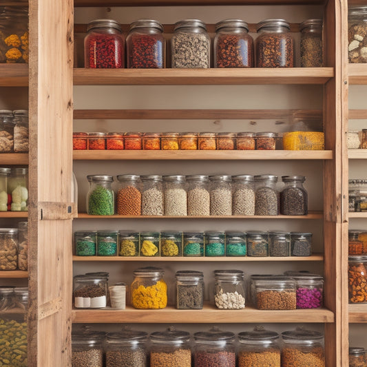 A colorful, organized pantry with transparent glass jars of varying sizes, adorned with custom, colorful labels, and surrounded by rustic wooden shelves and a few scattered spices.