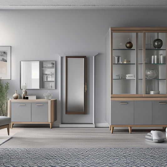 A modern living room with three wall-mounted cabinets featuring different door styles: glass, wood, and mirrored, in various shapes and sizes, against a light gray background.