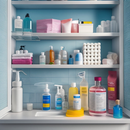 Generate an image of a bathroom medicine cabinet with clear shelves, a magnifying glass, and a few prescription bottles with colorful labels and expiration dates, surrounded by a first-aid kit and a phone.