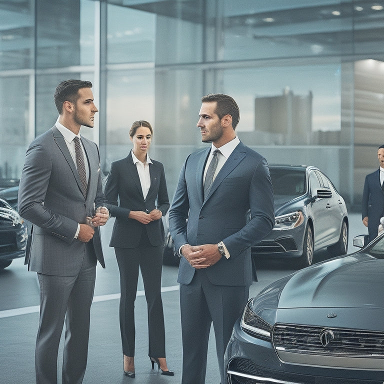 A sleek, modern car dealership with a gleaming showroom, rows of shiny vehicles, and a team of professionals in business attire standing together, smiling, amidst a backdrop of city skyscrapers.