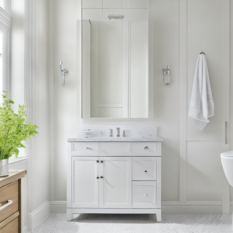 A serene white bathroom with a large, wall-mounted cabinet featuring soft-close doors, adorned with polished chrome hardware, alongside a sleek, freestanding cabinet with a rounded silhouette and a recessed handle.