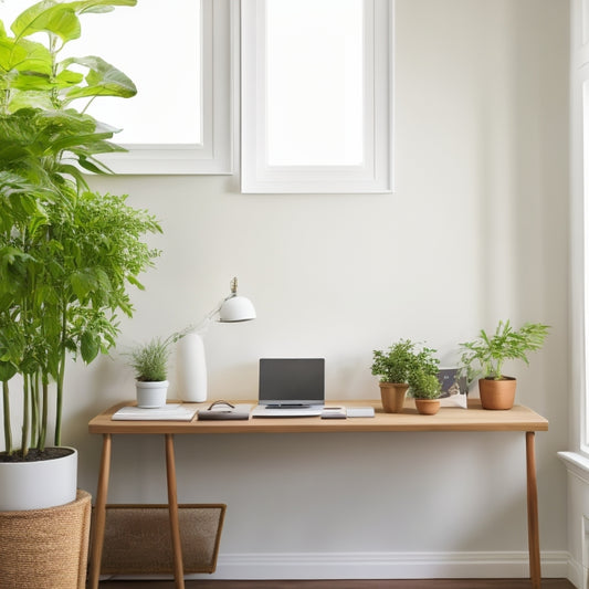 A serene, minimalist home office with a wooden desk, a single potted plant, and a few neatly arranged files on a shelf, surrounded by calm, creamy-white walls and soft, natural light.