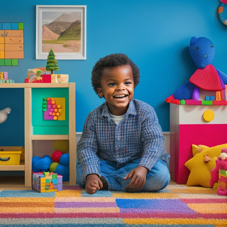 A warm and inviting illustration of a smiling child surrounded by colorful blocks, toys, and a gentle guidance chart on the wall, amidst a calm and organized playroom setting.