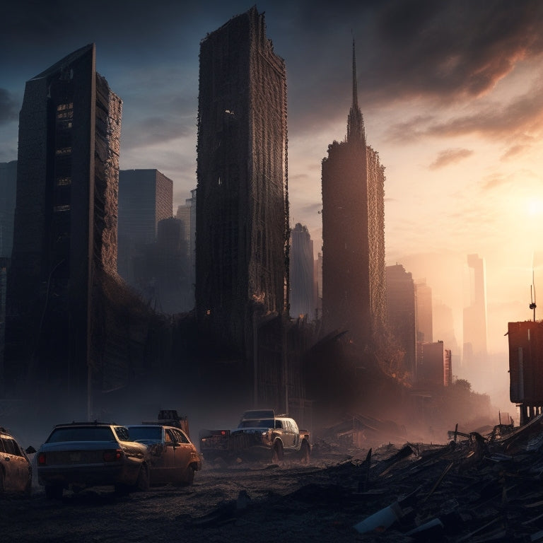 A dark, gritty cityscape at dusk, with a crumbling skyscraper in the background, its windows blown out, surrounded by twisted metal and debris, with three shadowy figures in the foreground, each grasping for a torn flag.