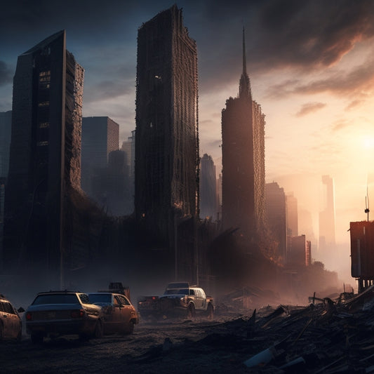 A dark, gritty cityscape at dusk, with a crumbling skyscraper in the background, its windows blown out, surrounded by twisted metal and debris, with three shadowy figures in the foreground, each grasping for a torn flag.