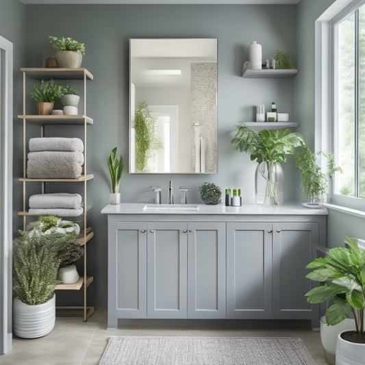 A stylish, modern bathroom featuring sleek multi-purpose cabinets in soft gray, filled with neatly organized toiletries and towels, alongside a chic mirror and lush greenery, creating a serene and functional storage space.