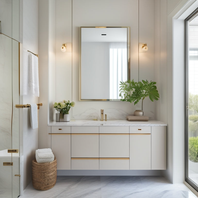 A modern bathroom with a large, rectangular mirror above a sleek, wall-mounted cabinet featuring two drawers with chrome handles, surrounded by crisp white walls and polished marble countertops.