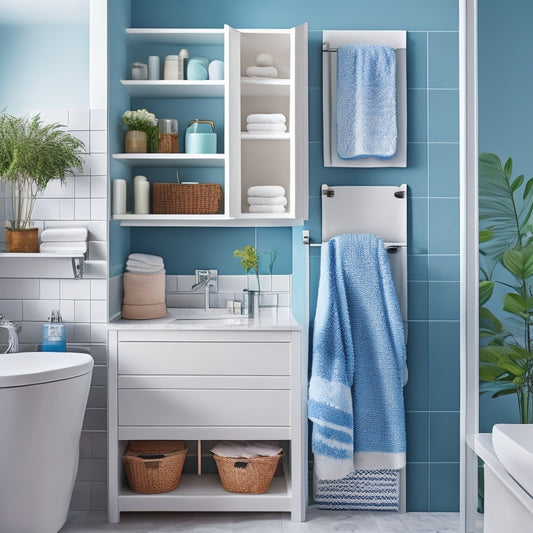 A bright, modern bathroom with a sleek, wall-mounted cabinet featuring adjustable shelves, baskets, and dividers, showcasing a clutter-free and organized space with a few rolled towels and toiletries.