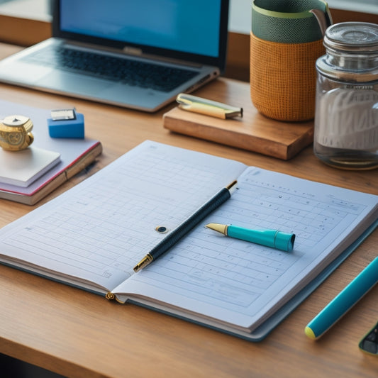 A serene, minimalist desk scene with a neatly organized college planner, a laptop displaying a calendar app, and a few colorful pens, surrounded by subtle clockwork gears and faint clock face patterns.