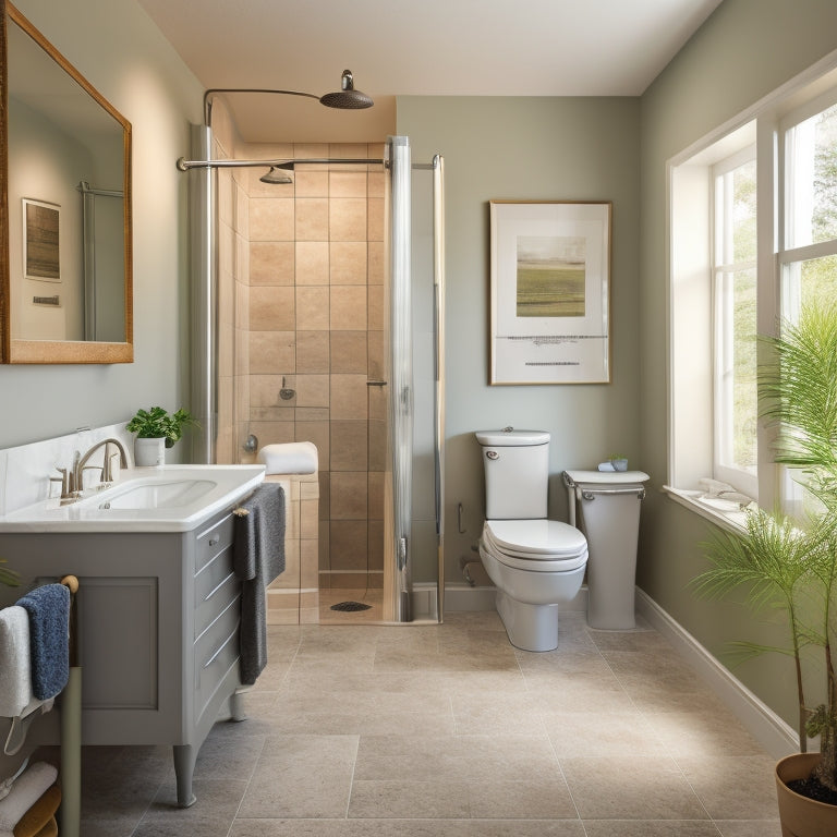 A serene bathroom interior with a walk-in shower featuring a non-slip floor, grab bars, and a fold-down seat, alongside a comfort-height toilet and a single-handle faucet.