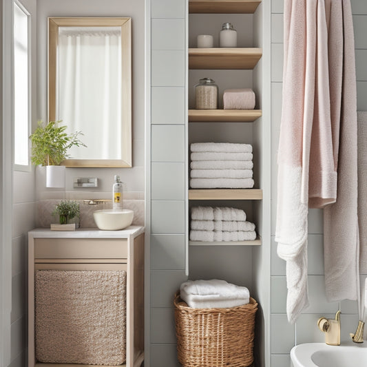 A sleek, modern small bathroom featuring chic floating shelves with neatly arranged towels, stylish wicker baskets, a wall-mounted cabinet, and decorative jars, all set against a soft pastel color palette and natural light.